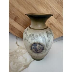 Satin Frosted Limoges Glass Vase Gold Veining Trim Chariot Emblem Jade Green 5”